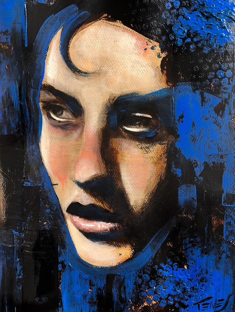 Small original acrylic painting on paper by Jaume Tenes, expressive figurative artwork