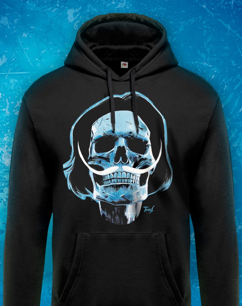 Hoodie featuring a bold artistic portrait of Salvador Dalí by Jaume Tenes, inspired by surrealism and reimagined as wearable art.