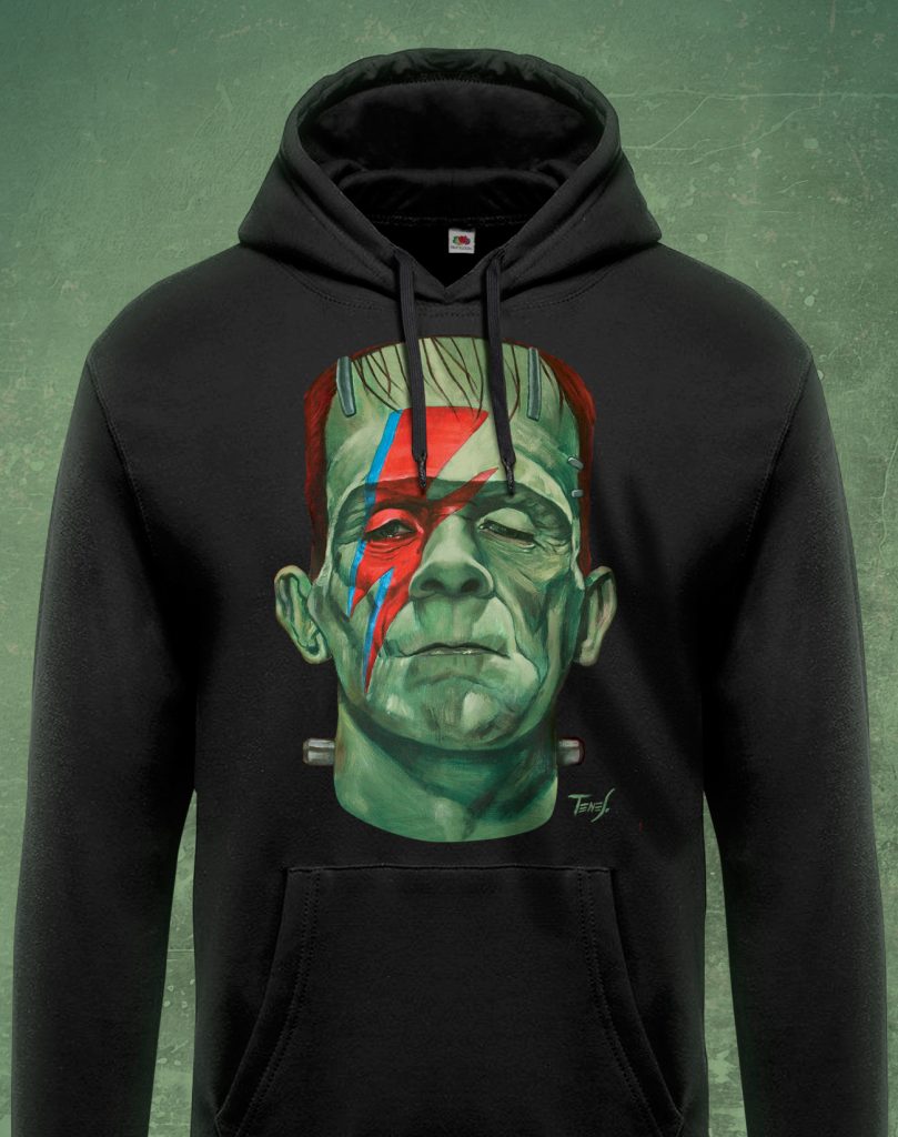A cinema classic and a rock icon collide in one statement piece. Frankenstein meets David Bowie.
A bold hoodie that won’t go unnoticed.
Jaume Tenes hoodies: exclusive reproductions of his artworks, reimagined as wearable art.