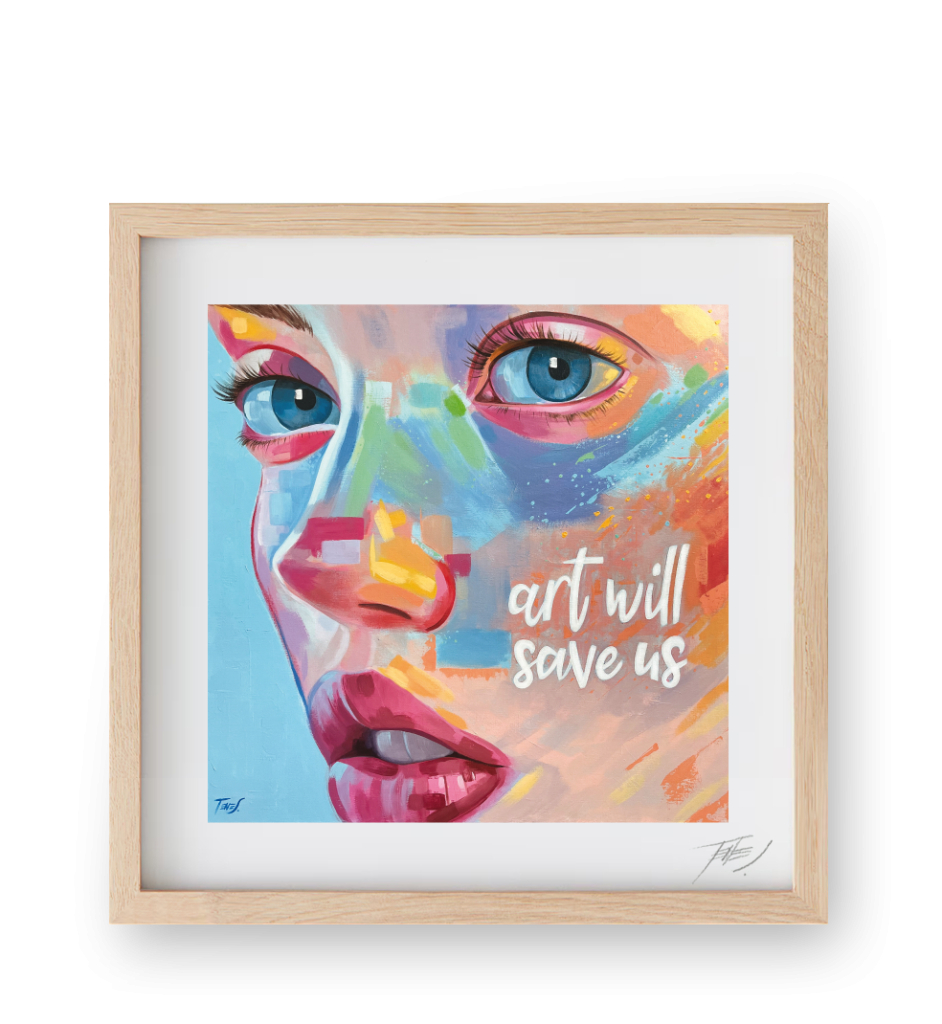 "Art Will Save Us", colorful acrylic painting on canvas by Jaume Tenes, expressive figurative style.

"El arte nos salvará", pintura acrílica colorida sobre lienzo de Jaume Tenes, estilo figurativo expresivo