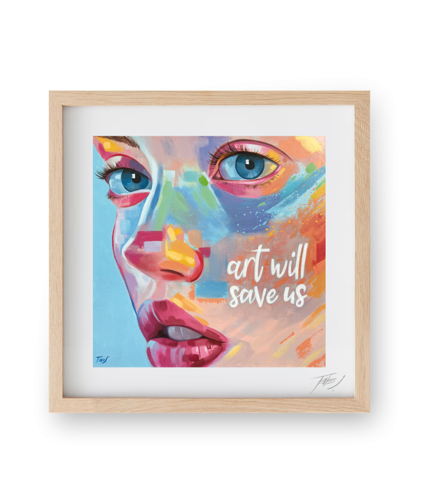 "Art Will Save Us", colorful acrylic painting on canvas by Jaume Tenes, expressive figurative style.

"El arte nos salvará", pintura acrílica colorida sobre lienzo de Jaume Tenes, estilo figurativo expresivo