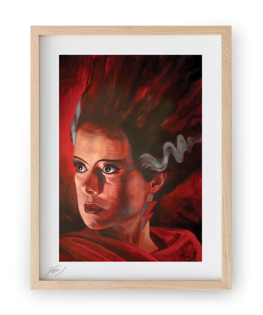 Acrylic portrait of Elsa Lanchester as the Bride of Frankenstein with David Bowie's lightning bolt by Jaume Tenes.

Retrato acrílico de Elsa Lanchester como la Novia de Frankenstein con el rayo de David Bowie por Jaume Tenes.