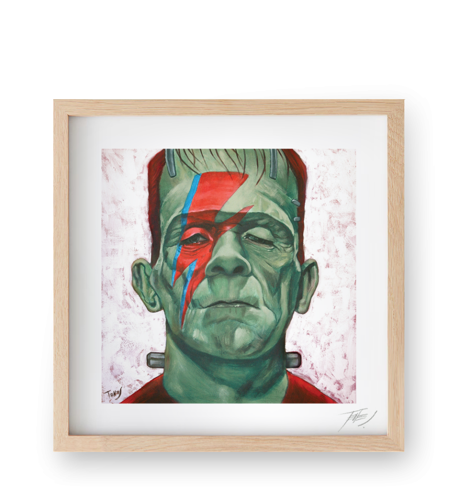 Figurative acrylic painting of Frankenstein portrayed by Boris Karloff, featuring David Bowie's famous lightning makeup, by Jaume Tenes.