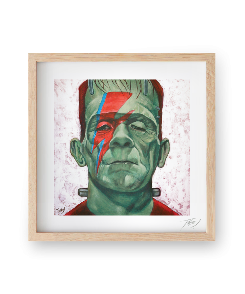 Figurative acrylic painting of Frankenstein portrayed by Boris Karloff, featuring David Bowie's famous lightning makeup, by Jaume Tenes.
