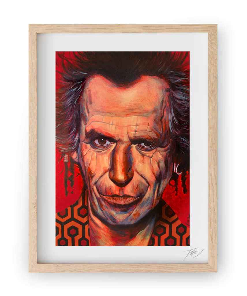 Acrylic portrait of Keith Richards, guitarist of the Rolling Stones, wearing a suit patterned with the carpet from Stanley Kubrick's "The Shining", by Jaume Tenes.

Retrato acrílico de Keith Richards, guitarrista de los Rolling Stones, con traje estampado con la alfombra de la película "El Resplandor" de Stanley Kubrick, por Jaume Tenes.