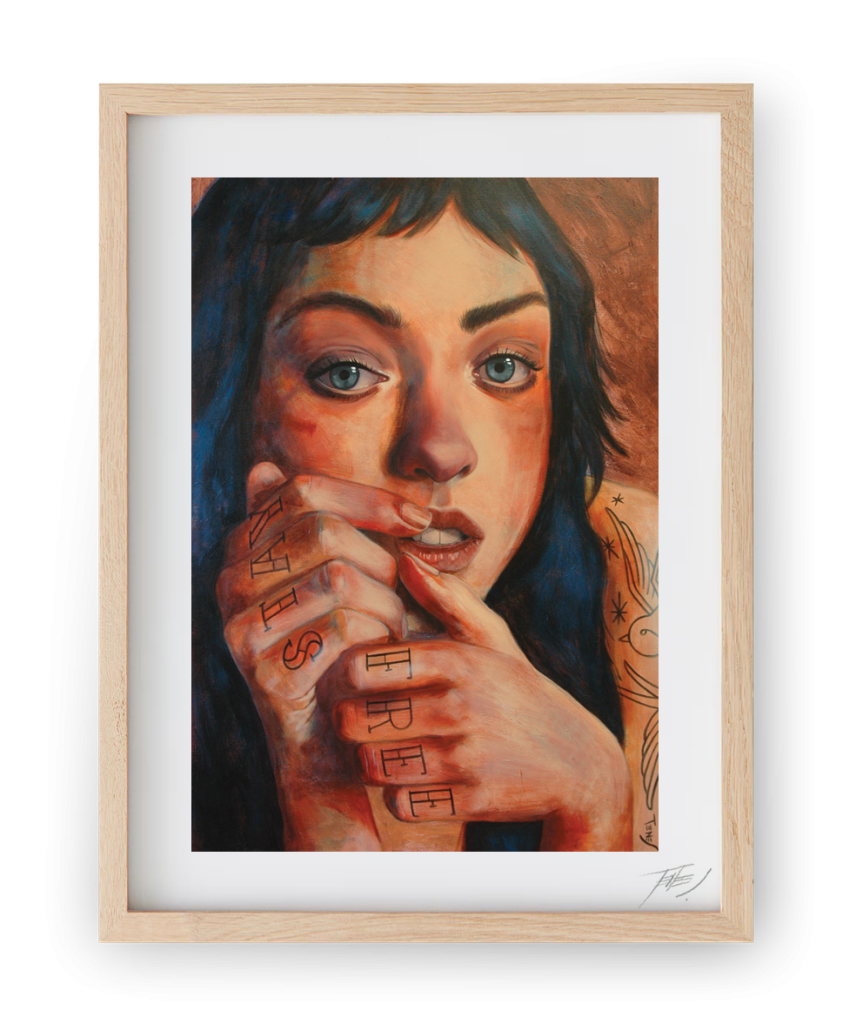 Figurative acrylic artwork titled "Stay Free", young woman with tattoo and strong emotional expression, by Jaume Tenes.

Retrato acrílico de una joven con fuerte carga emocional y el tatuaje "Stay Free", por Jaume Tenes.