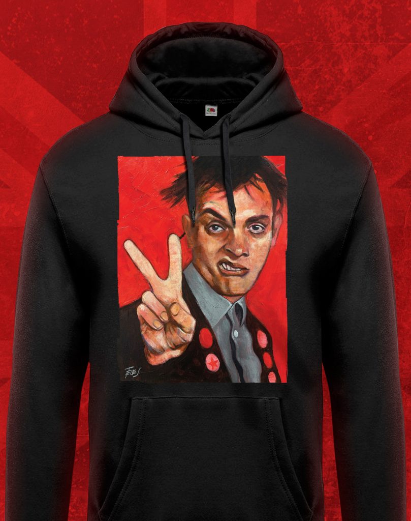 Hoodie with an expressive portrait of Rick Mayall, blending rock attitude and iconic imagery in a wearable artwork by Jaume Tenes.