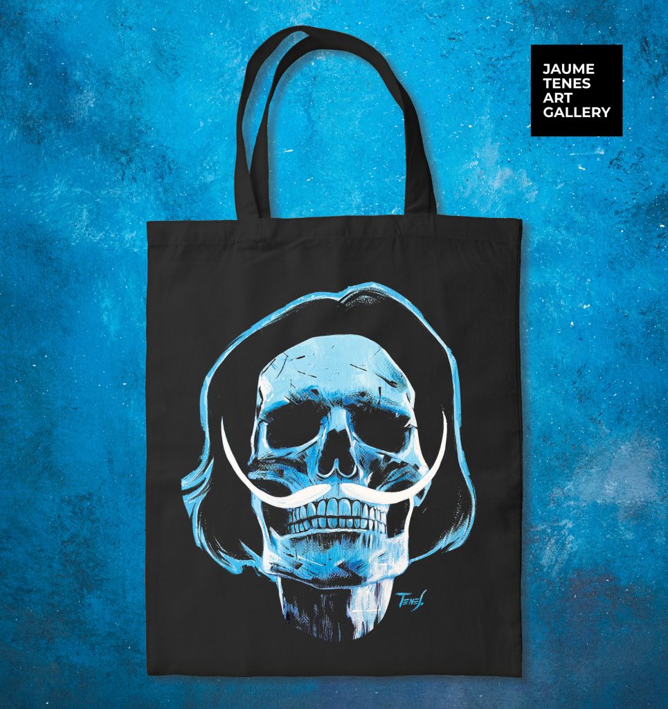 Tote bag with a striking artistic portrait of Salvador Dalí by Jaume Tenes, inspired by surrealism and reimagined as wearable art.