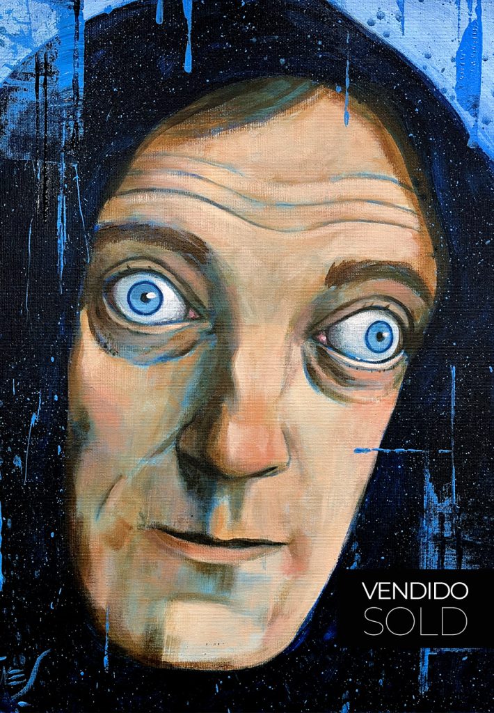 Acrylic portrait of Marty Feldman as Igor in Young Frankenstein; an expressive figure with misaligned gaze and ironic gesture, rendered with vibrant brushwork and strong contrasts.